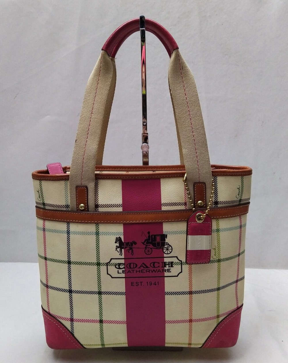 Coach Plaid Heritage Multicolor Leather Double Handles Tote Shoudler Bag